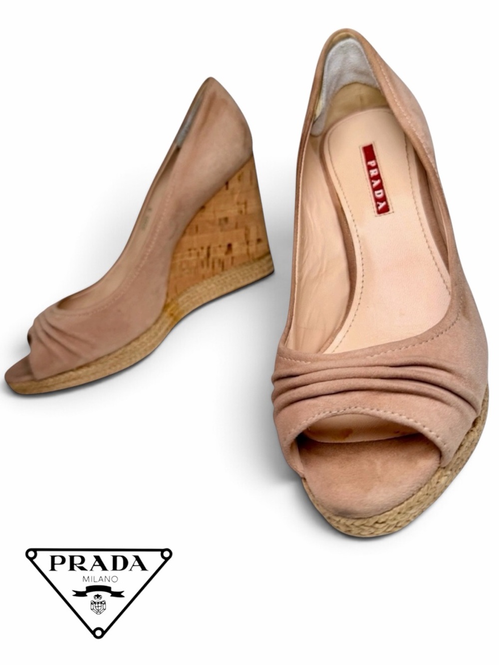 Prada Suede Espadrille Wedge Pumps Tan Peep Toe Womens 8 EU 38 3KZ033